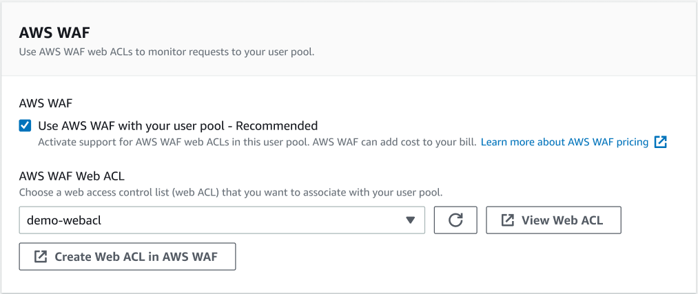 Screenshot of the AWS WAF dialog box with Use AWS WAF with your user pool selected.