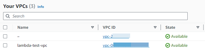 VPC console list of VPCs.