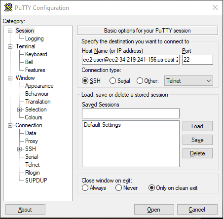 
							Configuration de PuTTY – Session.
						