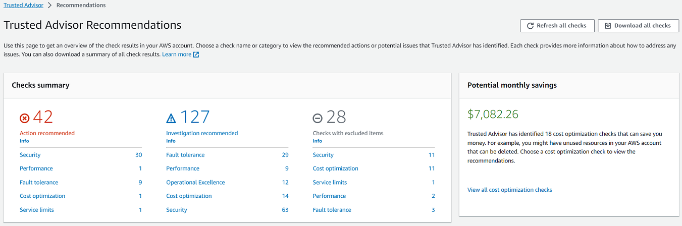 
      The Trusted Advisor Recommendations page in the Trusted Advisor console with check summaries.
    