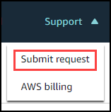 
                                Support menu showing the Submit request and AWS Billing commands.
                            