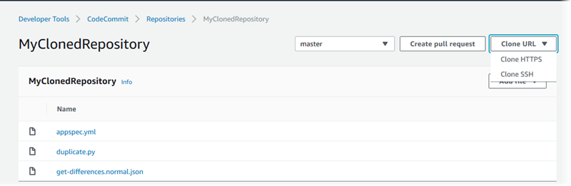 
                        View of a cloned repository in CodeCommit
                    