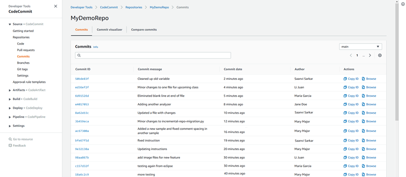 
                        The commit history view in the console
                    