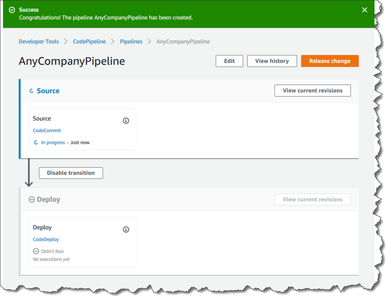 
            A view of a pipeline starting to run in the CodePipeline console.
          