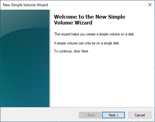 
                        Begin the New Simple Volume Wizard.
                      