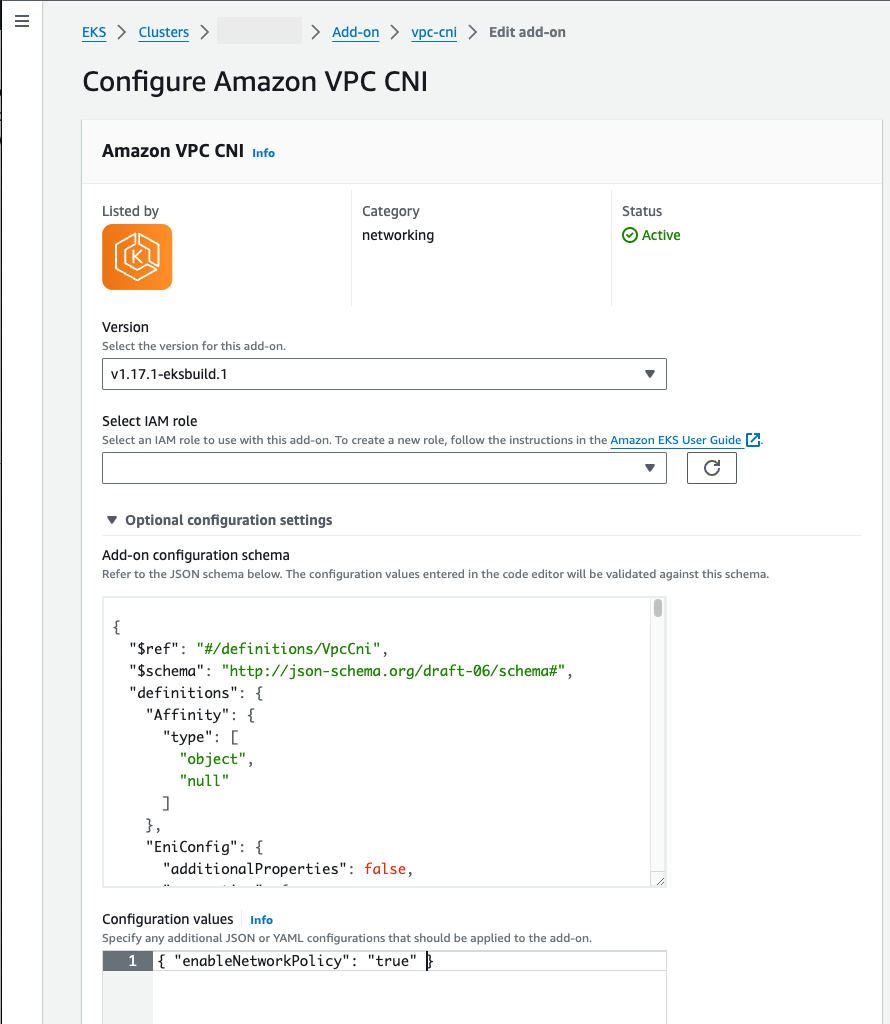 
                              AWS Management Console showing the VPC CNI add-on with network policy in
                                the optional configuration.
                            