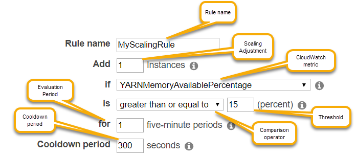 
							AWS Management Console automatic scaling rule parameters for Amazon EMR.
						