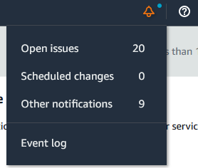 
                    Screenshot of the notification bell icon in the AWS Health
                        console.
                