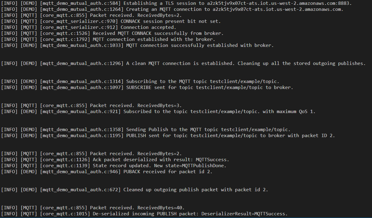 
                            Command line output for running the AWS IoT Device SDK for Embedded C sample application.
                        
