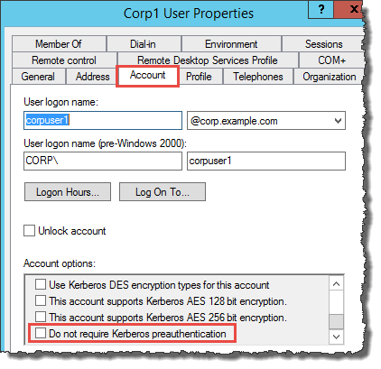 
                        「アカウント」オプションが表示された「Corp User Properties」ダイアログ・ボックスでは、「Kerberos 事前認証は不要」が強調表示されています。
                    