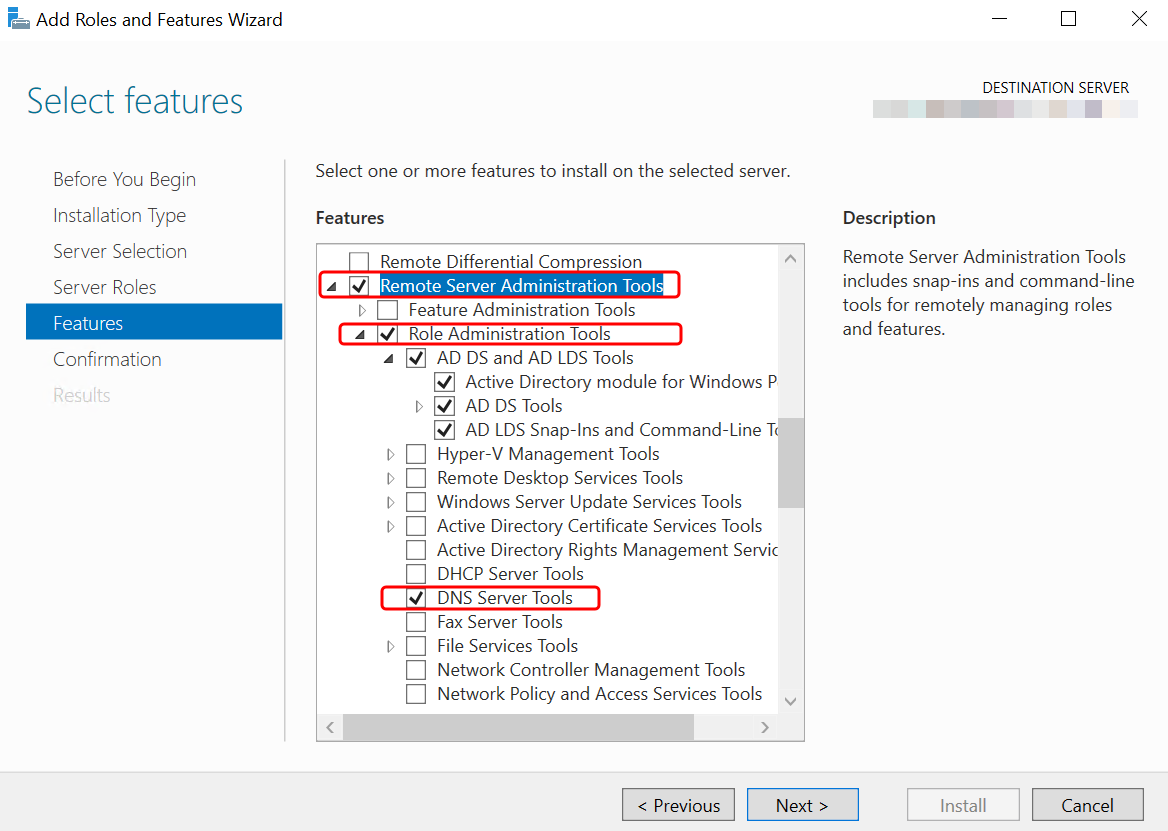 
                        Microsoft AD ツールのインストール - ロールと機能の追加ウィザード - ツールが選択された機能ツリー。
                    