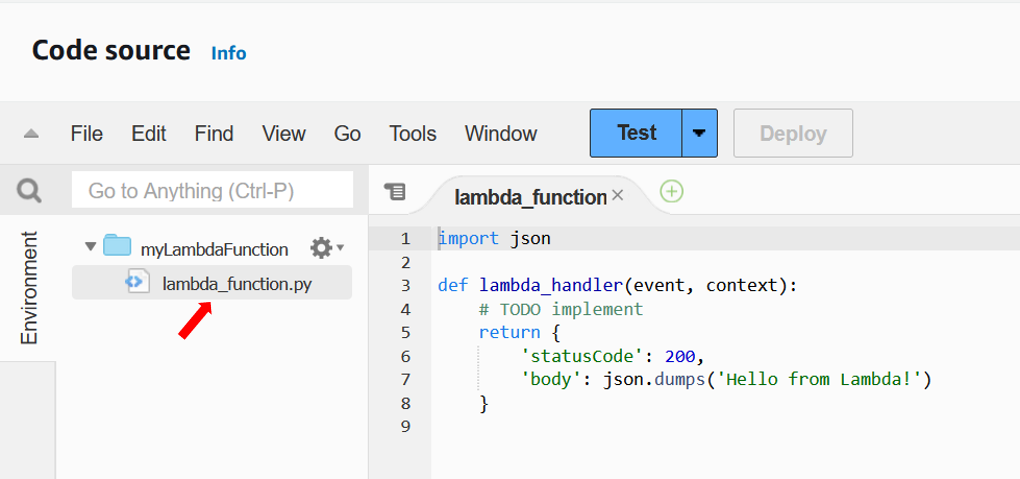 
                  파일 탐색기에서 lambda_function.py 파일을 강조 표시하는 화살표가 있는 콘솔 코드 편집기를 보여주는 다이어그램
                