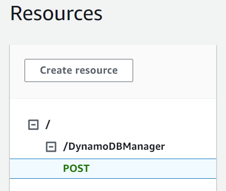 
            DynamoDBManager리소스 아래에서 POST 메서드를 선택합니다.
          