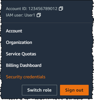 
                  AWS Management Console Security credentials link
               