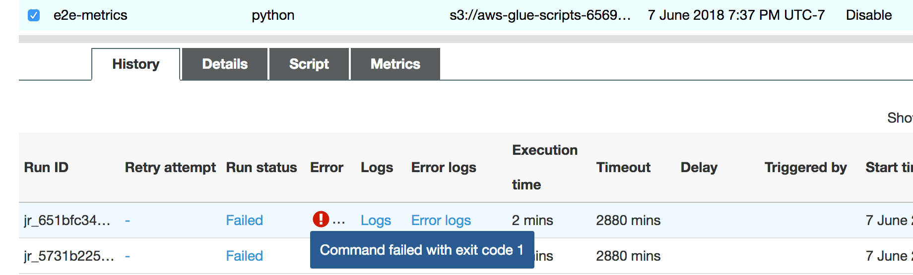 The error message shown on the AWS Glue console.