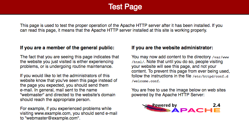 The test of the server shows the Apache test page.