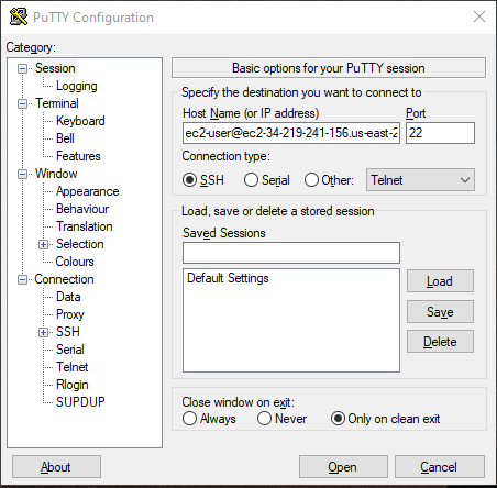 <br />       PuTTY configuration - Session<br />      