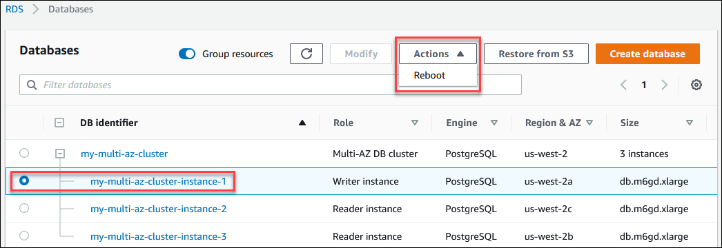 
				DB instance actions in a Multi-AZ DB cluster in the AWS Management Console
			
