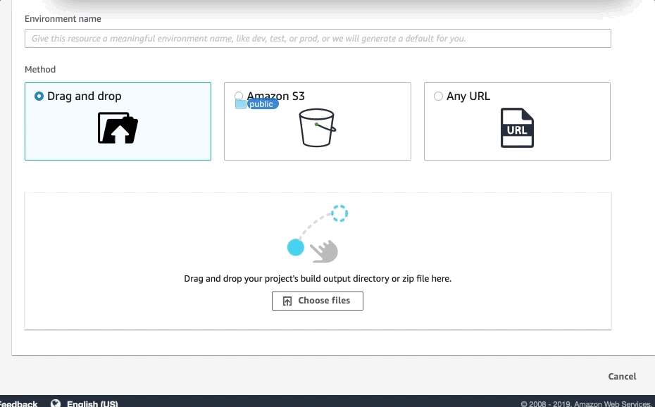 An animated gif that demonstrates how to drag and drop or choose the files to
deploy your app.