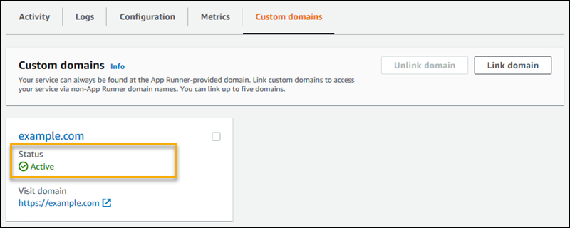 
                  The Custom domains tab on the App Runner service dashboard page, showing a custom domain tile
                