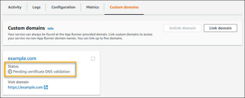
                  The Custom domains tab on the App Runner service dashboard page, showing a custom domain tile
                