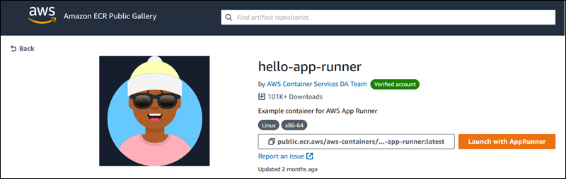 
        Amazon ECR Public Gallery showing a container image page with a Launch with App Runner button
      