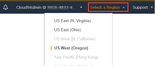 [AWS Region selector in the AWS Cloud9 console]
