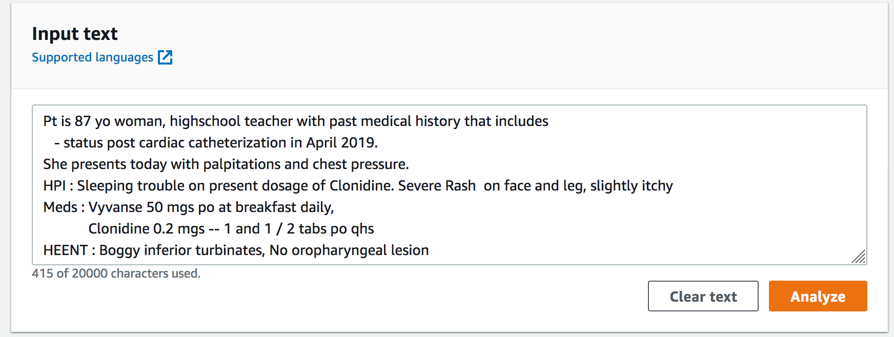 The Comprehend Medical input text.