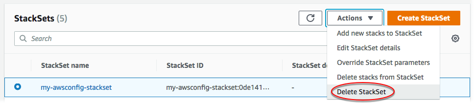 Auswählen des Stack-Sets und dann der Option „Delete StackSet (StackSet löschen)“ im Menü „Actions (Aktionen)“.
