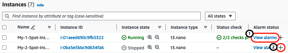 Die Steuerelemente in der Instanzen-Tabelle in der EC2 Konsole zum Anzeigen und Erstellen von Alarmen. 1. Alarme anzeigen 2. Pluszeichen.