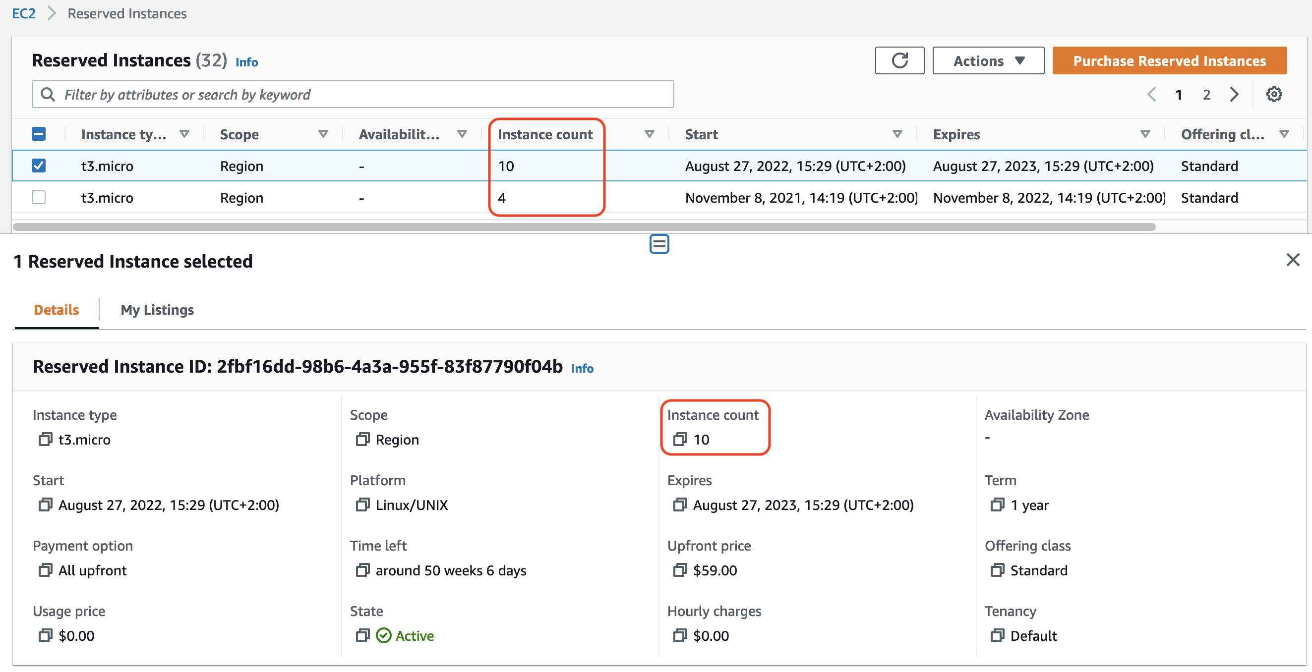 Dieses Image zeigt den Bildschirm Reserved Instances in der Amazon-EC2-Konsole an. Das Feld Instance count (Instance-Anzahl) ist im Screenshot umrissen.