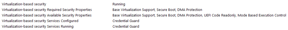 Ein Image des Microsoft-Tools Systeminformationen mit der virtualisierungsbasierten Sicherheitslinie, die den Status „Wird ausgeführt“ anzeigt und bestätigt, dass Credential Guard ausgeführt wird.