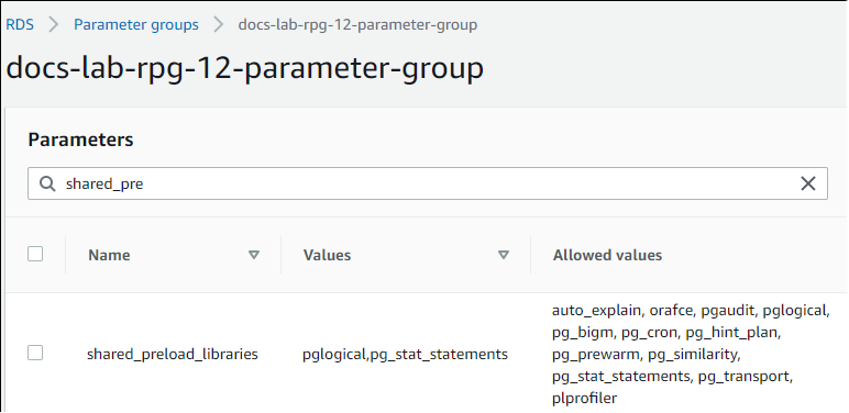 Bild des shared_preload_libraries-Parameters mit hinzugefügter pglogical-Erweiterung.