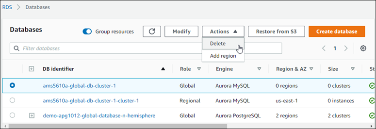 
                  Eine globale Aurora-Datenbank, die auf Aurora MySQL 5.6.10a basiert, verbleibt in AWS Management Console bis Sie sie löschen, auch wenn sie keine zugehörigen Aurora-DB-Cluster enthält. 
                