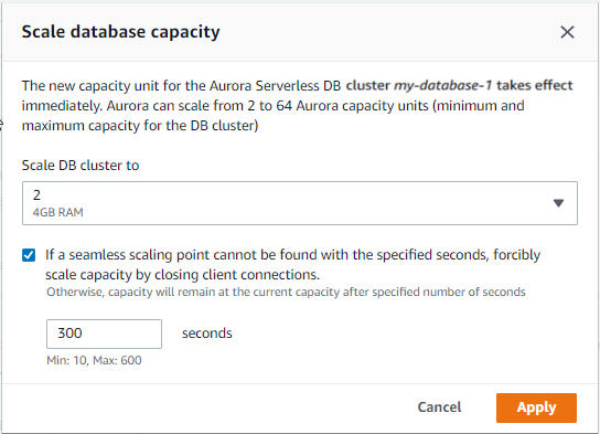 Festlegen der Kapazität für einen Aurora Serverless v1-DB-Cluster über die Konsole