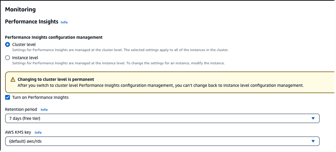 Ändern Sie Performance Insights während der Änderung des DB-Clusters mit der Konsole.