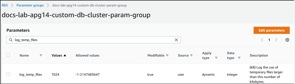 
        Bild einer benutzerdefinierten Parametergruppe, bei der log_temp_files auf 1 024 kB festgelegt ist.
      