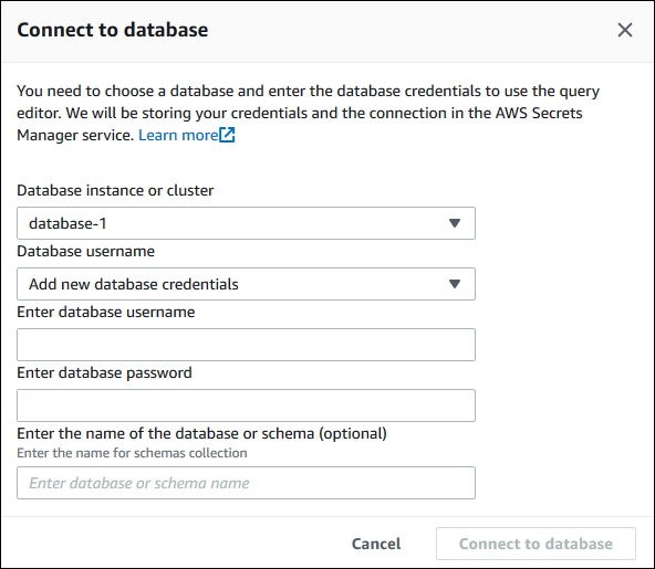 
                            Abfrage-Editor Seite „Connect to database“ (Verbindung zur Datenbank herstellen)
                        
