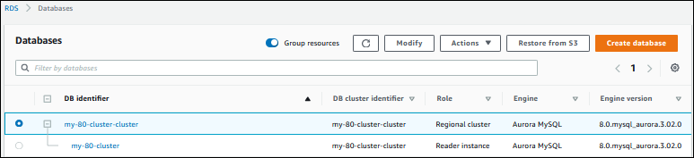 Wiederhergestellter DB-Cluster auf der Seite „Database“ (Datenbanken)
