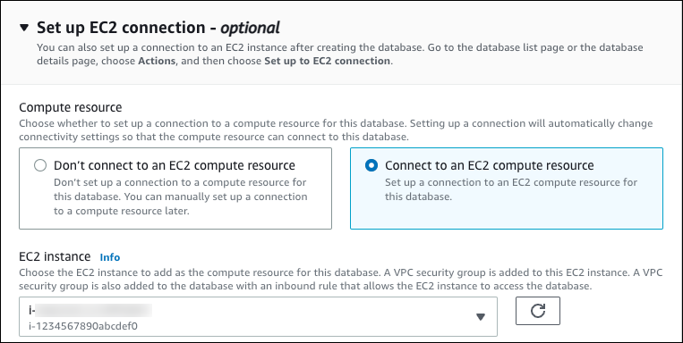 
						Option zum Einrichten der EC2-Verbindung.
					