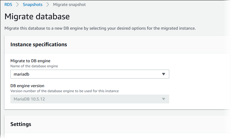 Die Datenbankseite migrieren für die Migration von My SQL zu MariaDB in der RDS Amazon-Konsole.