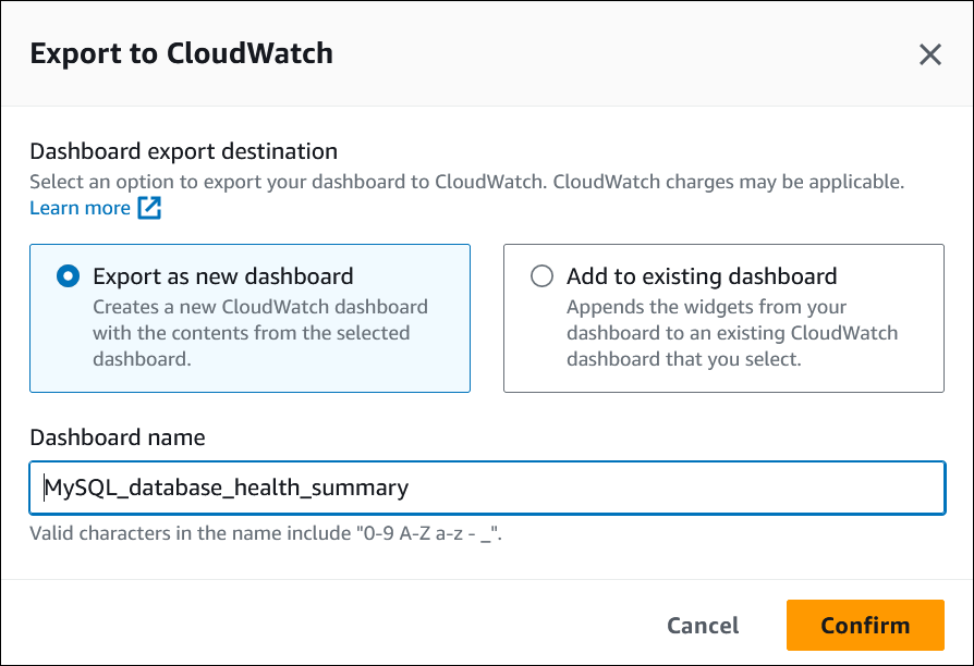 In CloudWatch das Fenster exportieren, wobei die Option Als neues Dashboard exportieren ausgewählt ist