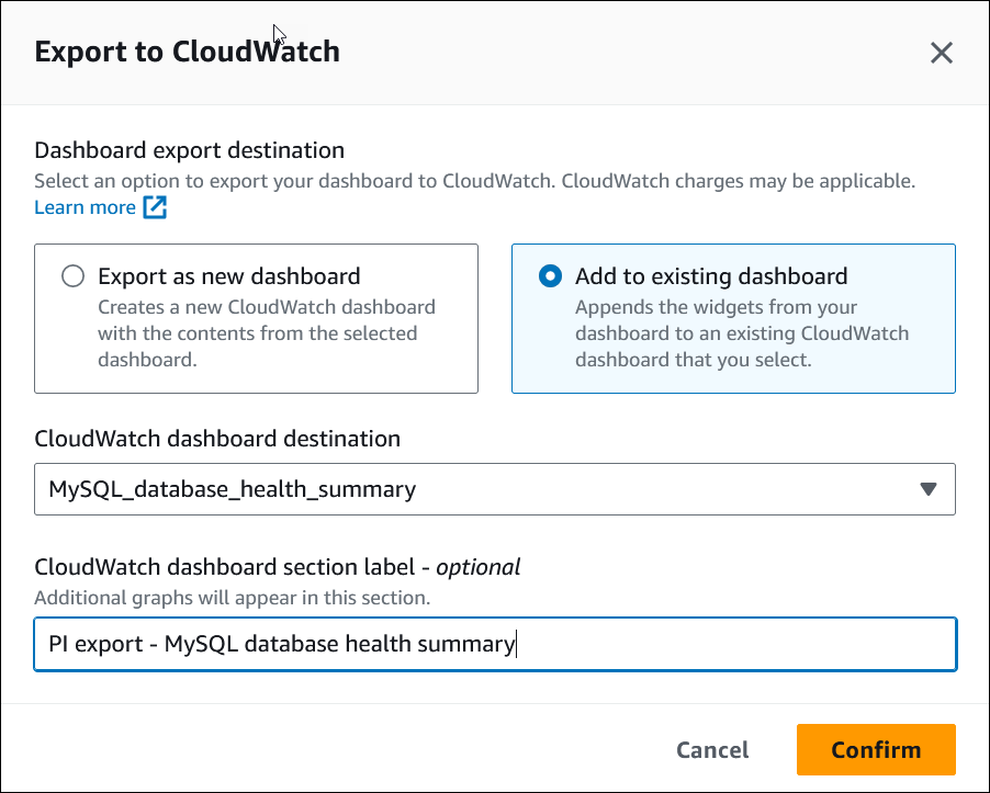 In CloudWatch Fenster exportieren, wobei die Option Zu vorhandenem Dashboard hinzufügen ausgewählt ist