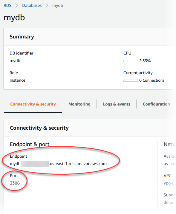 
                                Der Endpunkt und Port einer DB-Instance
                            