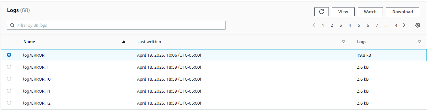 Ein Bild des Abschnitts Logs aus der Amazon RDS-Konsole mit einem ausgewählten Fehlerprotokoll.
