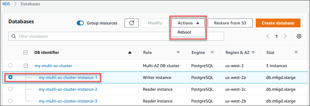 
				DB-Instance-Aktionen in einem Multi-AZ-DB-Cluster im AWS Management Console
			