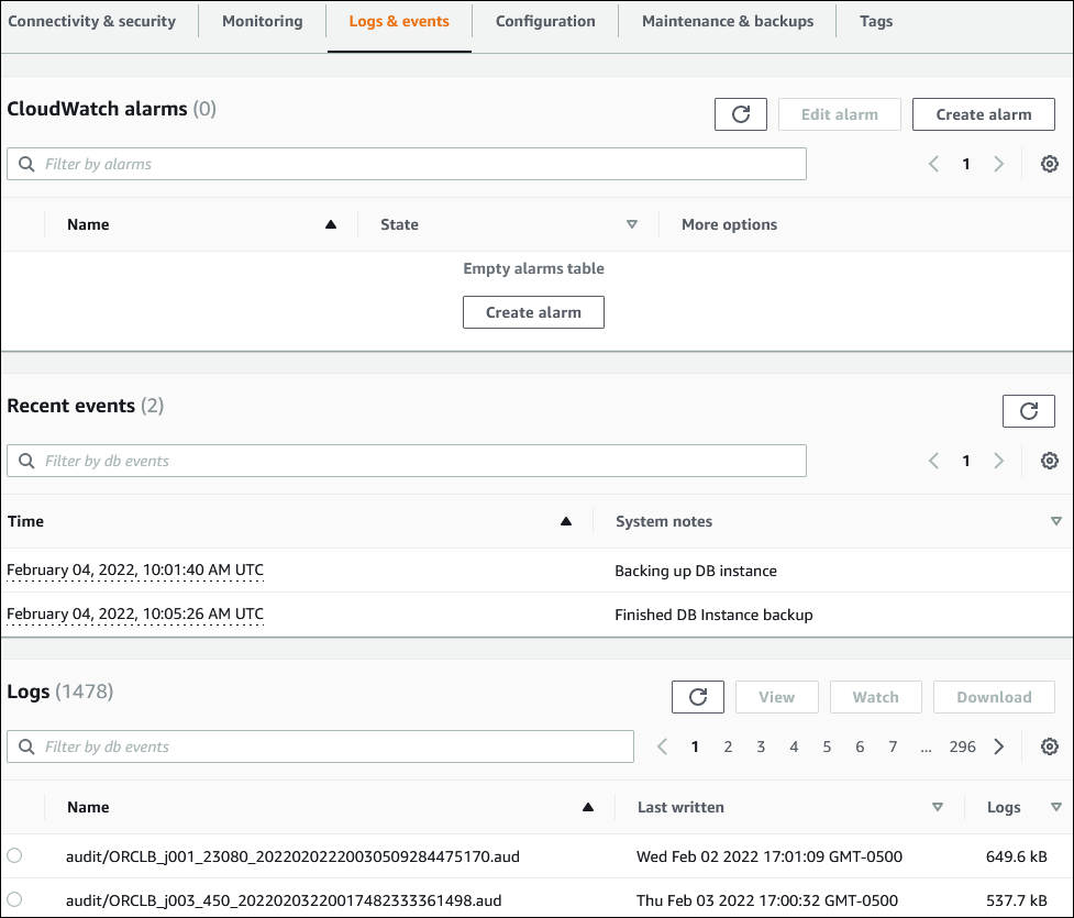 Datenbankseite mit Registerkarte Logs & Events (Protokolle und Ereignisse) angezeigt