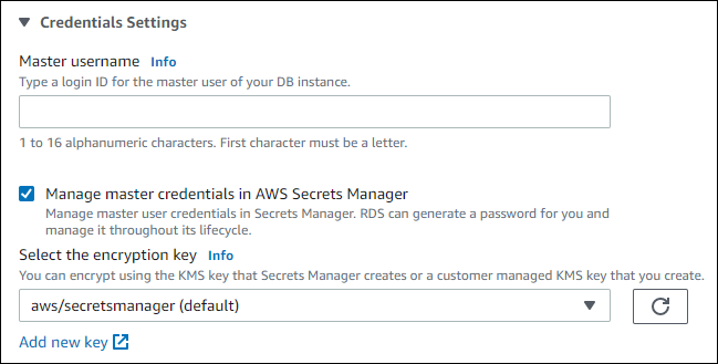 
						Verwalten von Master-Anmeldeinformationen in  AWS Secrets Manager ausgewählten
					