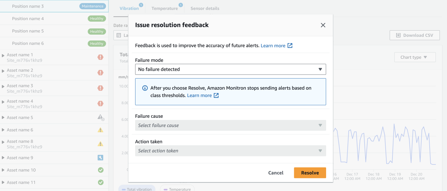 Issue resolution feedback form with failure mode, cause, and action taken fields for improving alert accuracy.