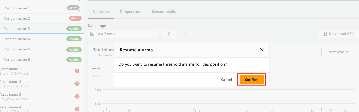 Dialog box asking to confirm resuming threshold alarms for a position, with Cancel and Confirm options.